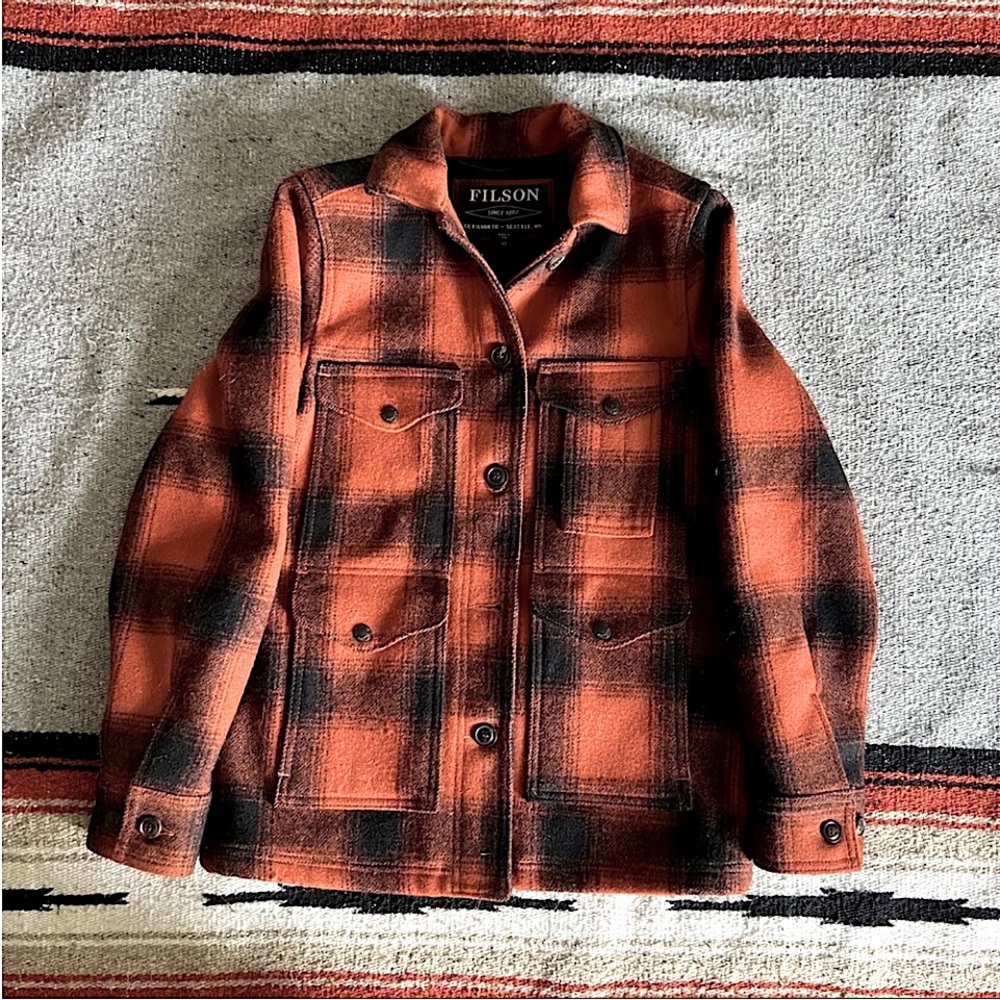 Filson Orange and Black Plaid Utility Jacket